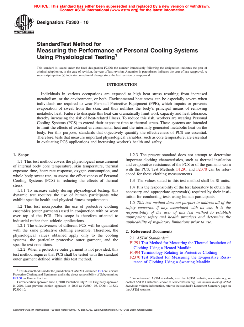 ASTM F2300-10 - Standard Test Method for Measuring the Performance of Personal Cooling Systems Using Physiological Testing