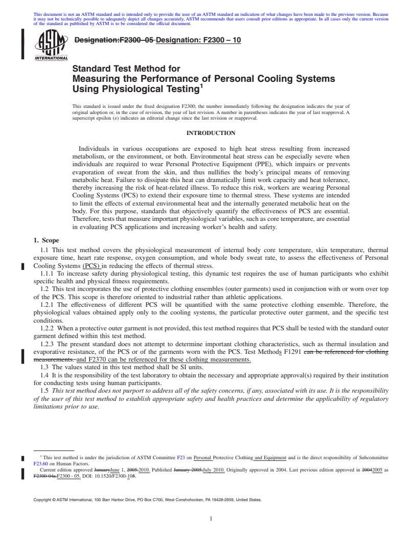 REDLINE ASTM F2300-10 - Standard Test Method for Measuring the Performance of Personal Cooling Systems Using Physiological Testing