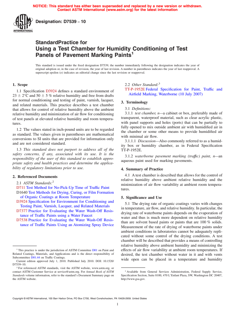 ASTM D7539-10 - Standard Practice for Using a Test Chamber for Humidity Conditioning of Test Panels of Pavement Marking Paints