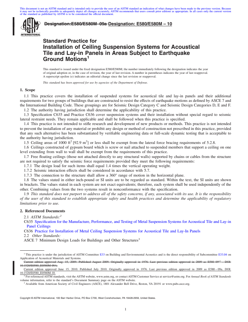 REDLINE ASTM E580/E580M-10 - Standard Practice for  Installation of Ceiling Suspension Systems for Acoustical Tile and Lay-in Panels in Areas Subject to Earthquake Ground Motions