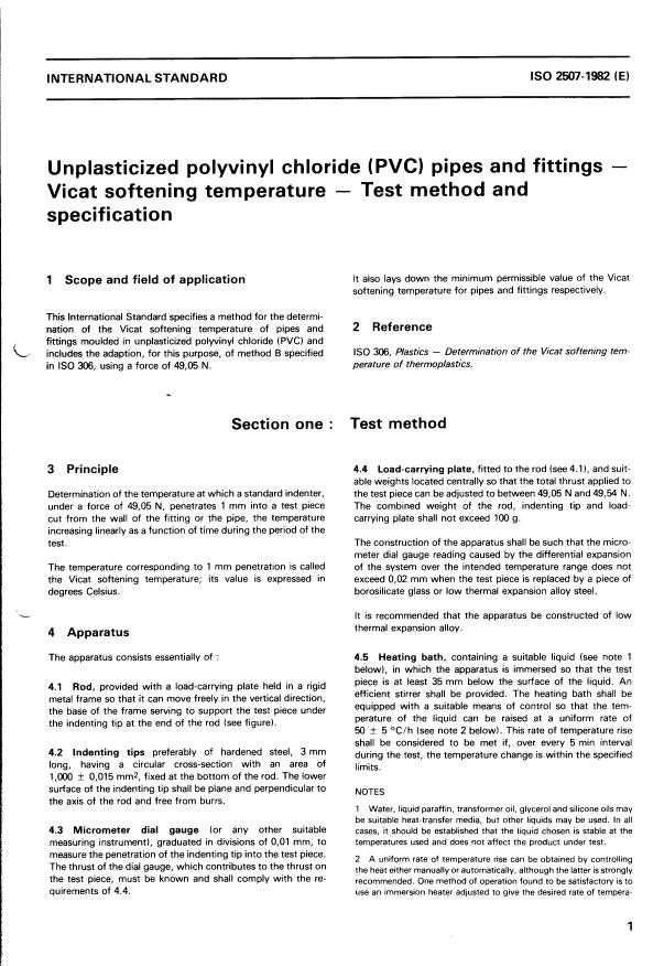 ISO 2507:1982 - Unplasticized polyvinyl chloride (PVC) pipes and fittings -- Vicat softening temperature -- Test method and specification