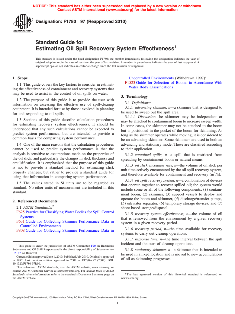 ASTM F1780-97(2010) - Standard Guide for Estimating Oil Spill Recovery System Effectiveness