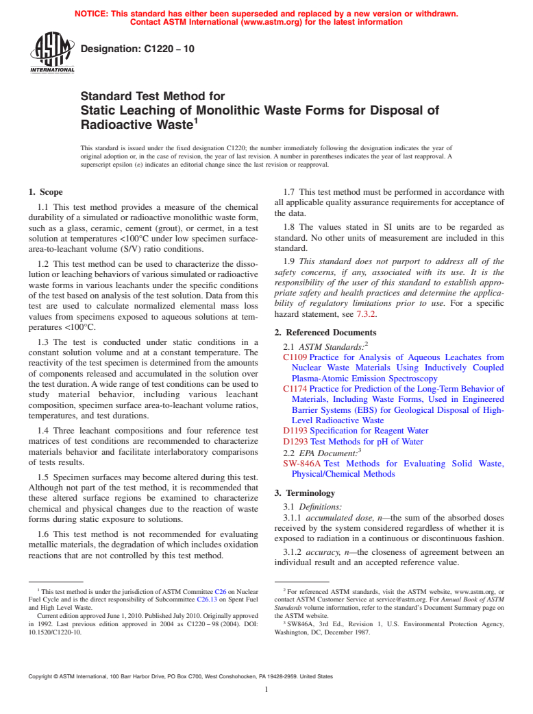 ASTM C1220-10 - Standard Test Method for Static Leaching of Monolithic Waste Forms for Disposal of Radioactive Waste