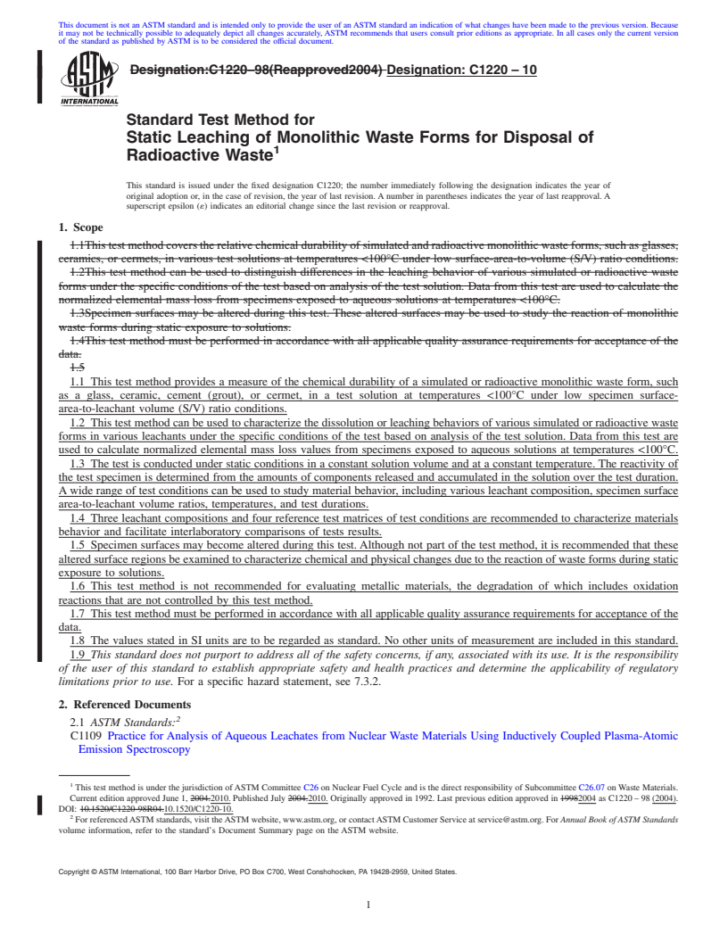 REDLINE ASTM C1220-10 - Standard Test Method for Static Leaching of Monolithic Waste Forms for Disposal of Radioactive Waste