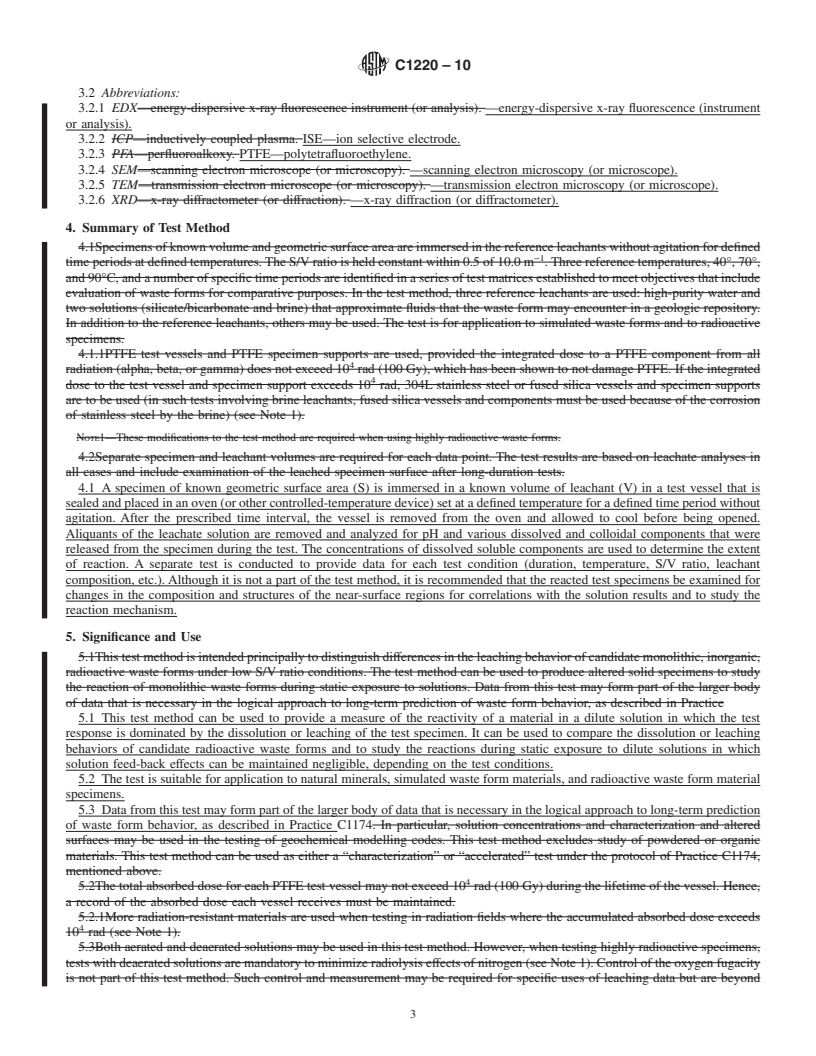 REDLINE ASTM C1220-10 - Standard Test Method for Static Leaching of Monolithic Waste Forms for Disposal of Radioactive Waste