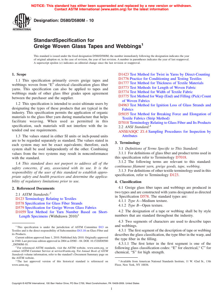ASTM D580/D580M-10 - Standard Specification for Greige Woven Glass Tapes and Webbings