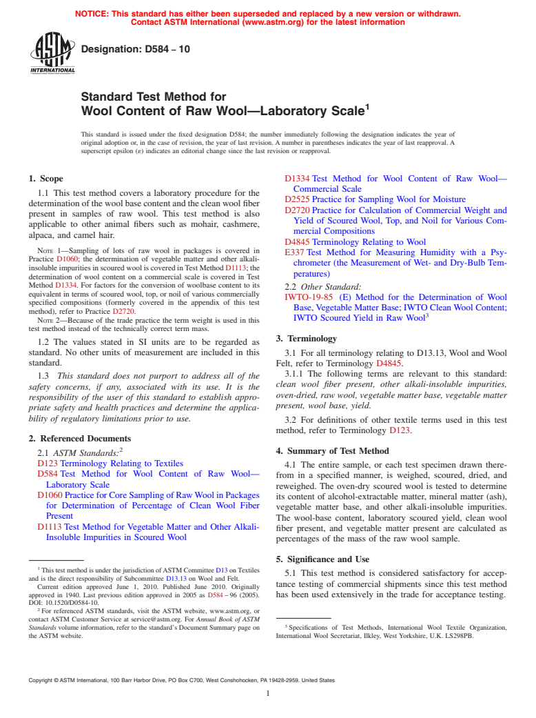 ASTM D584-10 - Standard Test Method for Wool Content of Raw Wool-Laboratory Scale