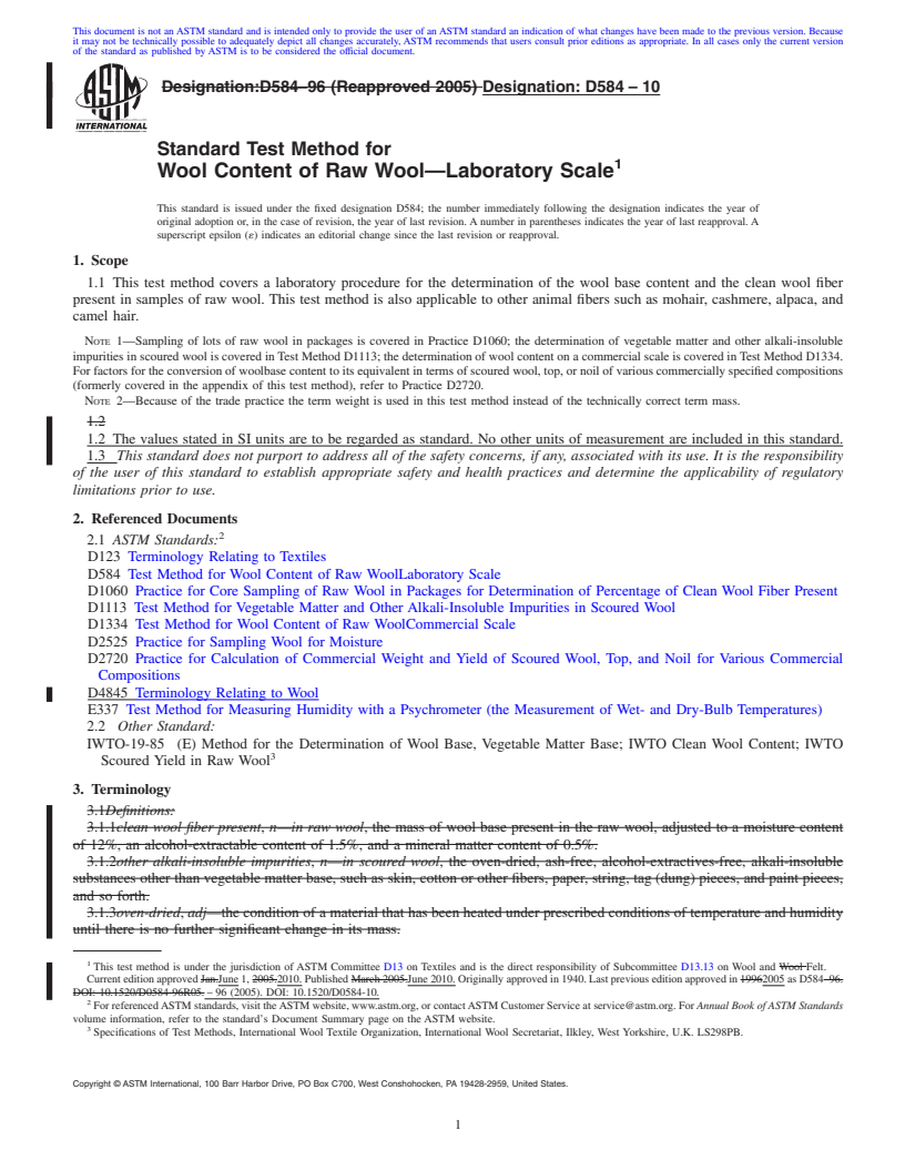 REDLINE ASTM D584-10 - Standard Test Method for Wool Content of Raw Wool-Laboratory Scale