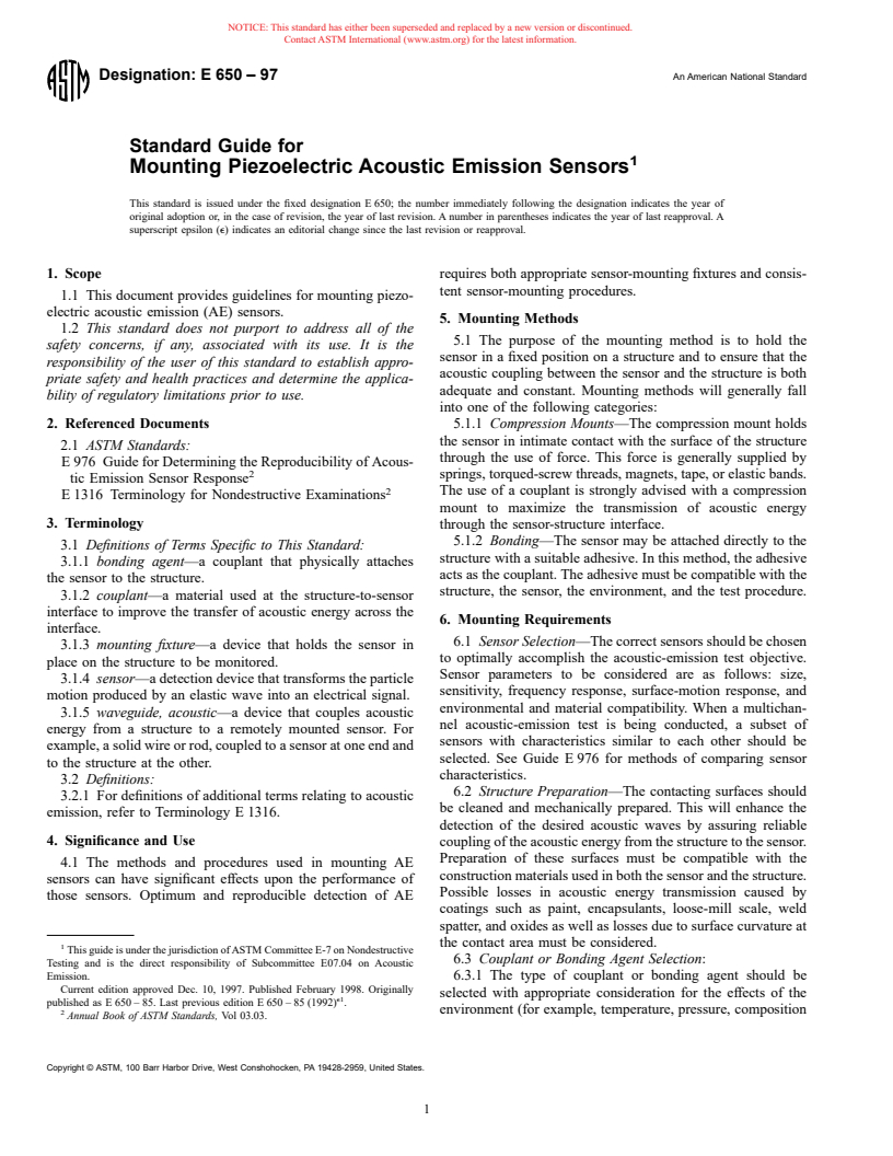 ASTM E650-97 - Standard Guide for Mounting Piezoelectric Acoustic Emission Sensors