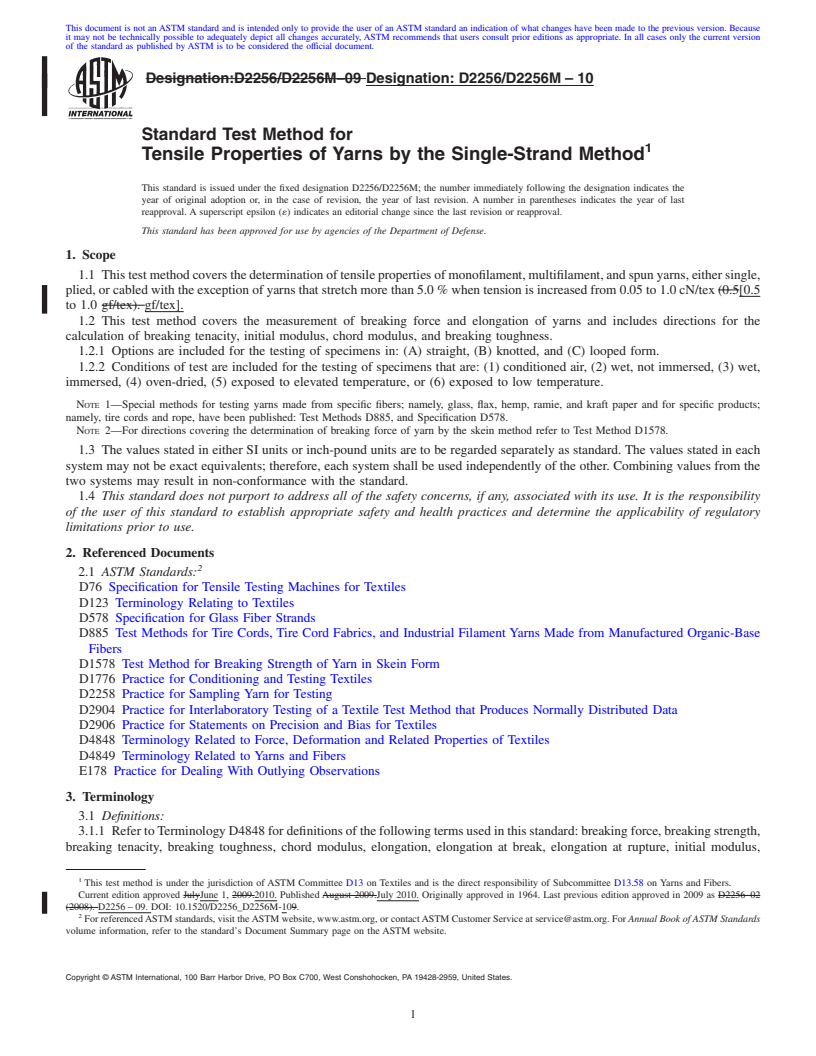 REDLINE ASTM D2256/D2256M-10 - Standard Test Method for Tensile Properties of Yarns by the Single-Strand Method