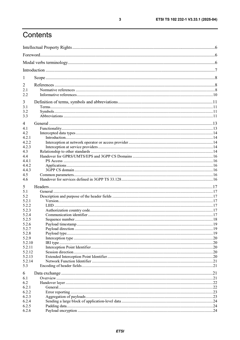 ETSI TS 102 232-1 V3.33.1 (2025-04) - Lawful Interception (LI); Handover Interface and Service-Specific Details (SSD) for IP delivery; Part 1: Handover specification for IP delivery