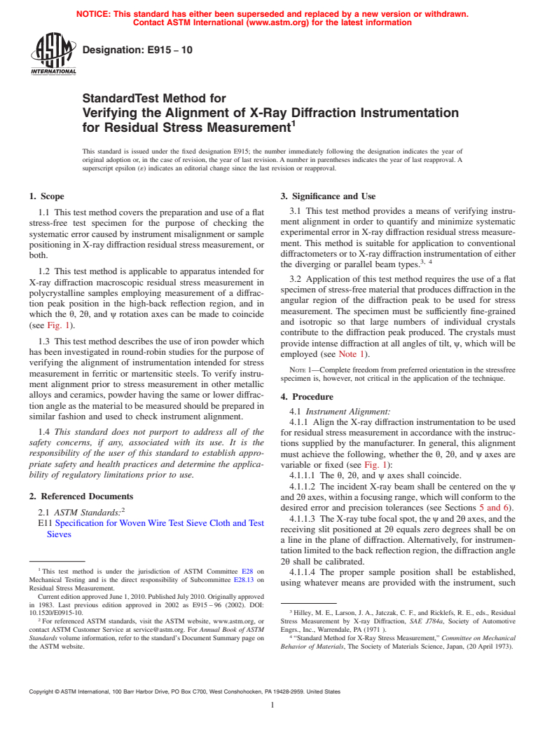 ASTM E915-10 - Standard Test Method for Verifying the Alignment of X-Ray Diffraction Instrumentation for Residual Stress Measurement