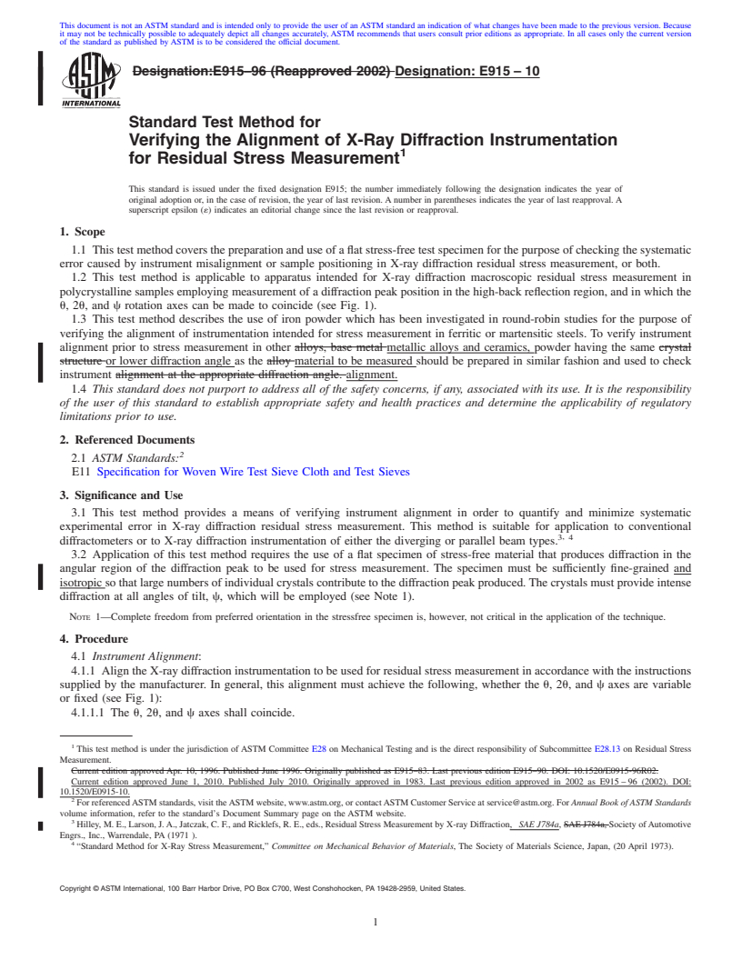 REDLINE ASTM E915-10 - Standard Test Method for Verifying the Alignment of X-Ray Diffraction Instrumentation for Residual Stress Measurement