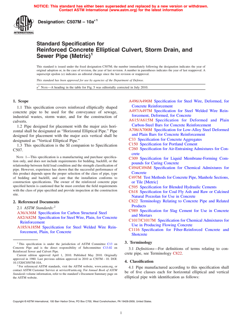 ASTM C507M-10ae1 - Standard Specification for  Reinforced Concrete Elliptical Culvert, Storm Drain, and Sewer Pipe (Metric)