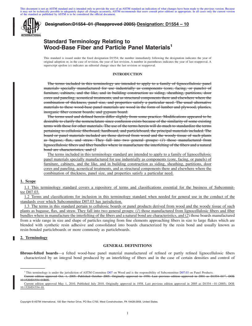 REDLINE ASTM D1554-10 - Standard Terminology Relating to Wood-Base Fiber and Particle Panel Materials