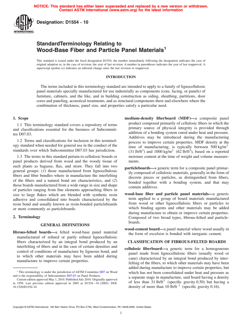 ASTM D1554-10 - Standard Terminology Relating to Wood-Base Fiber and Particle Panel Materials