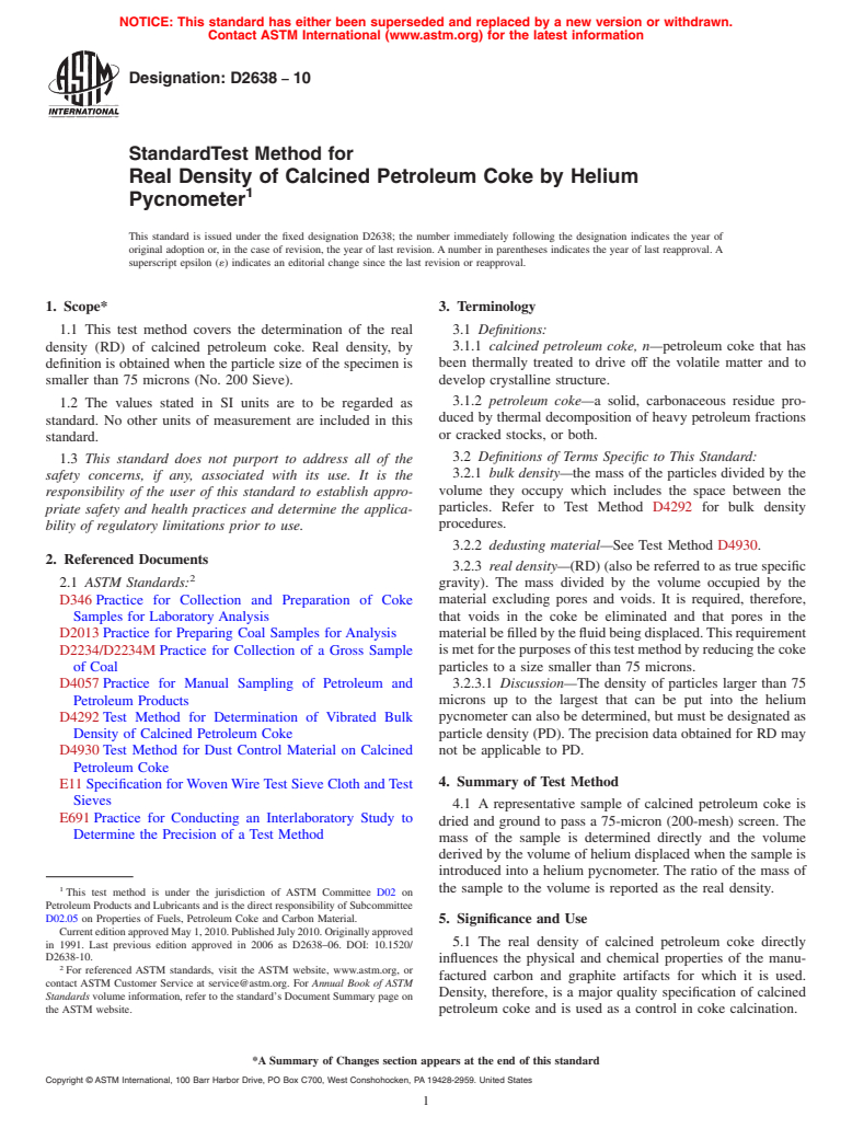 ASTM D2638-10 - Standard Test Method for Real Density of Calcined Petroleum Coke by Helium Pycnometer