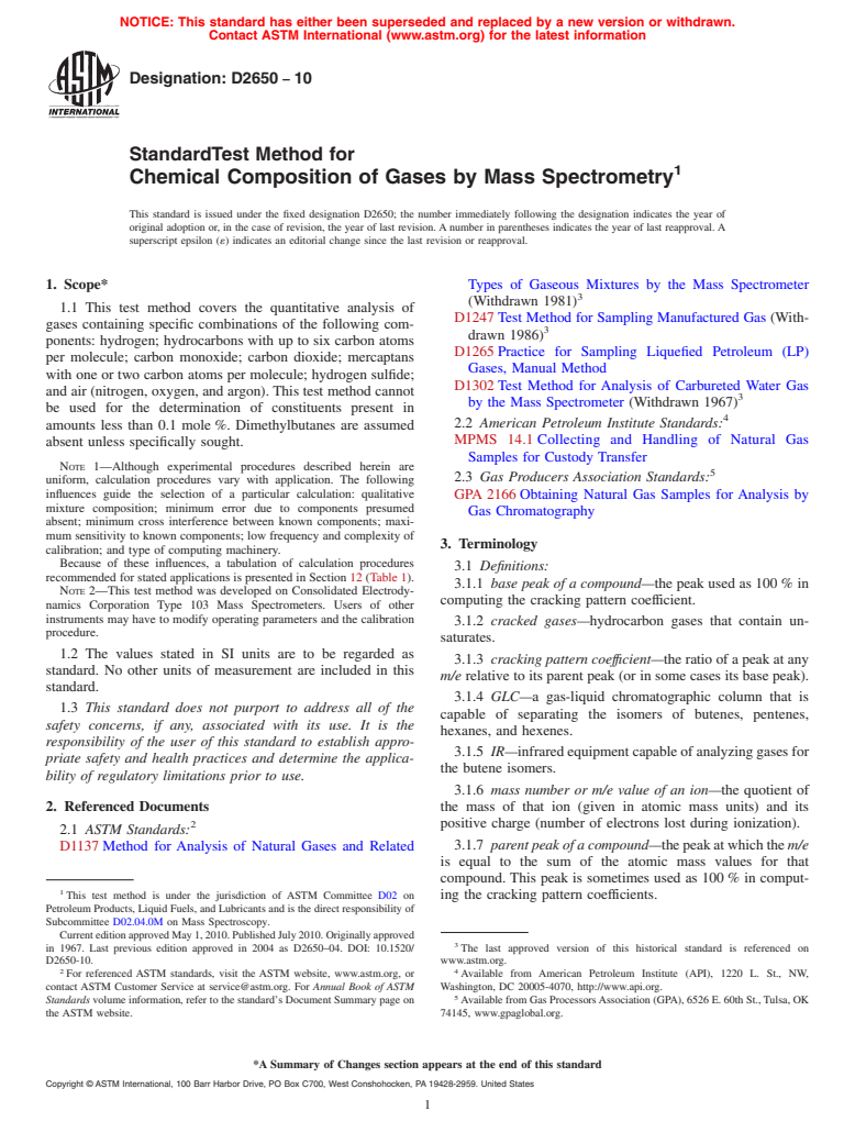 ASTM D2650-10 - Standard Test Method for Chemical Composition of Gases By Mass Spectrometry