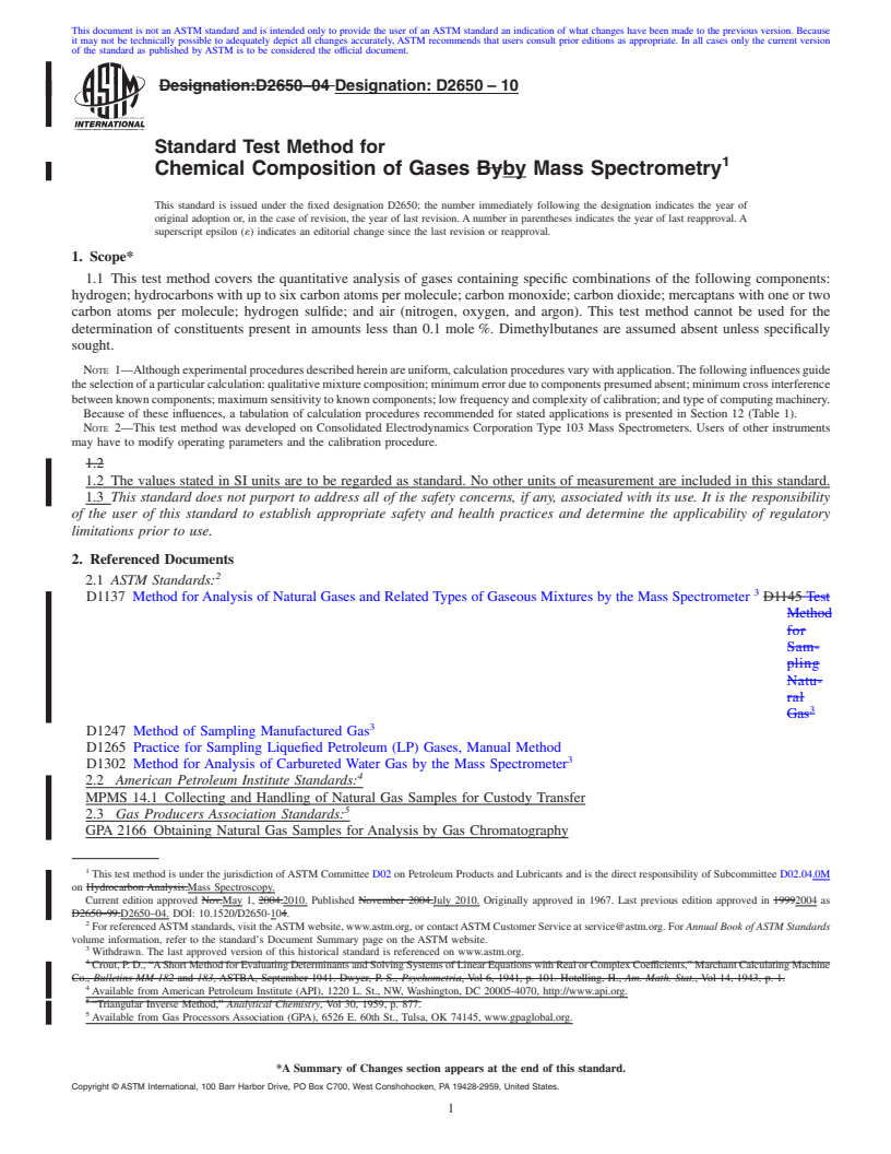 REDLINE ASTM D2650-10 - Standard Test Method for Chemical Composition of Gases By Mass Spectrometry