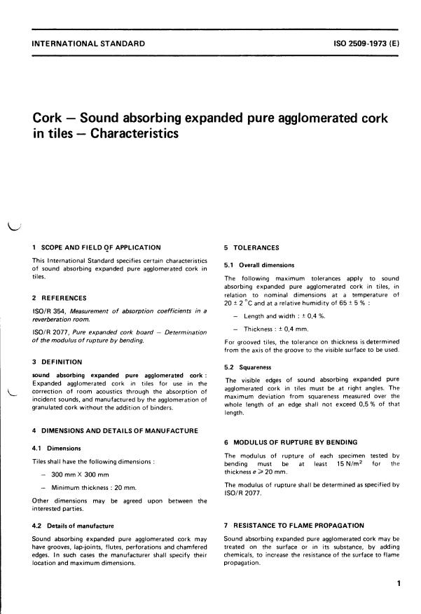 ISO 2509:1973 - Cork -- Sound absorbing expanded pure agglomerated cork in tiles -- Characteristics