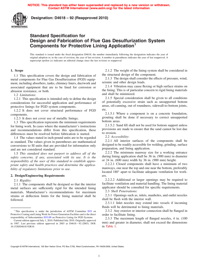 ASTM D4618-92(2010) - Standard Specification for Design and Fabrication of Flue Gas Desulfurization System Components for Protective Lining Application