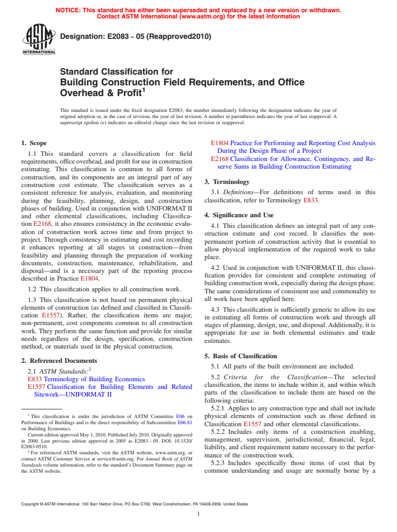 ASTM E2083-05(2010) - Standard Classification for Building Construction Field Requirements, and Office Overhead  Profit