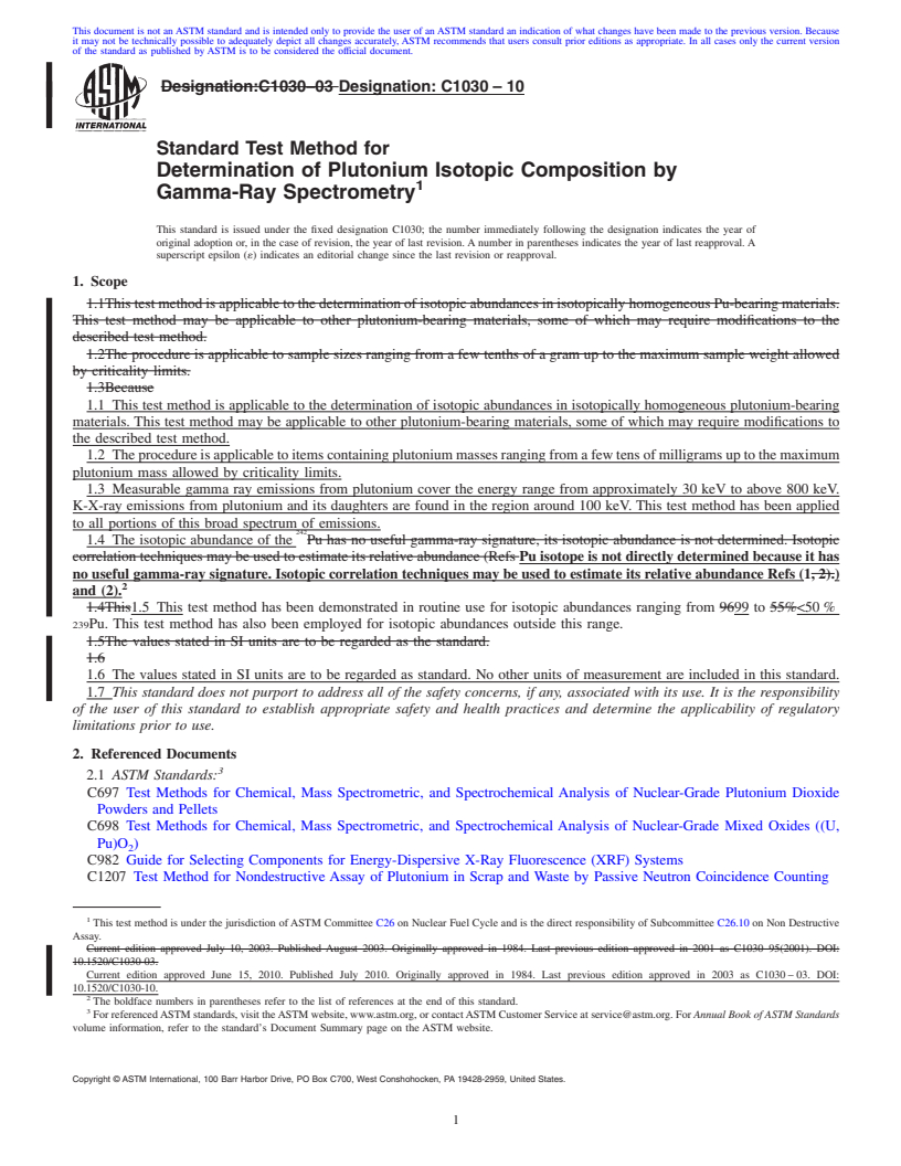 REDLINE ASTM C1030-10 - Standard Test Method for Determination of Plutonium Isotopic Composition by Gamma-Ray Spectrometry