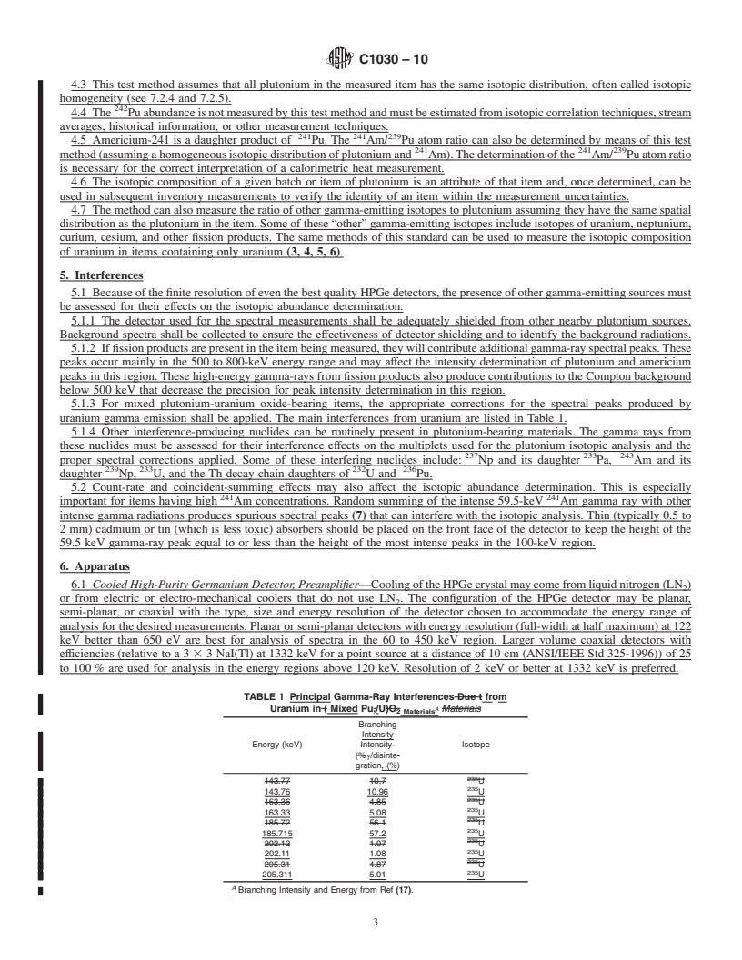 REDLINE ASTM C1030-10 - Standard Test Method for Determination of Plutonium Isotopic Composition by Gamma-Ray Spectrometry