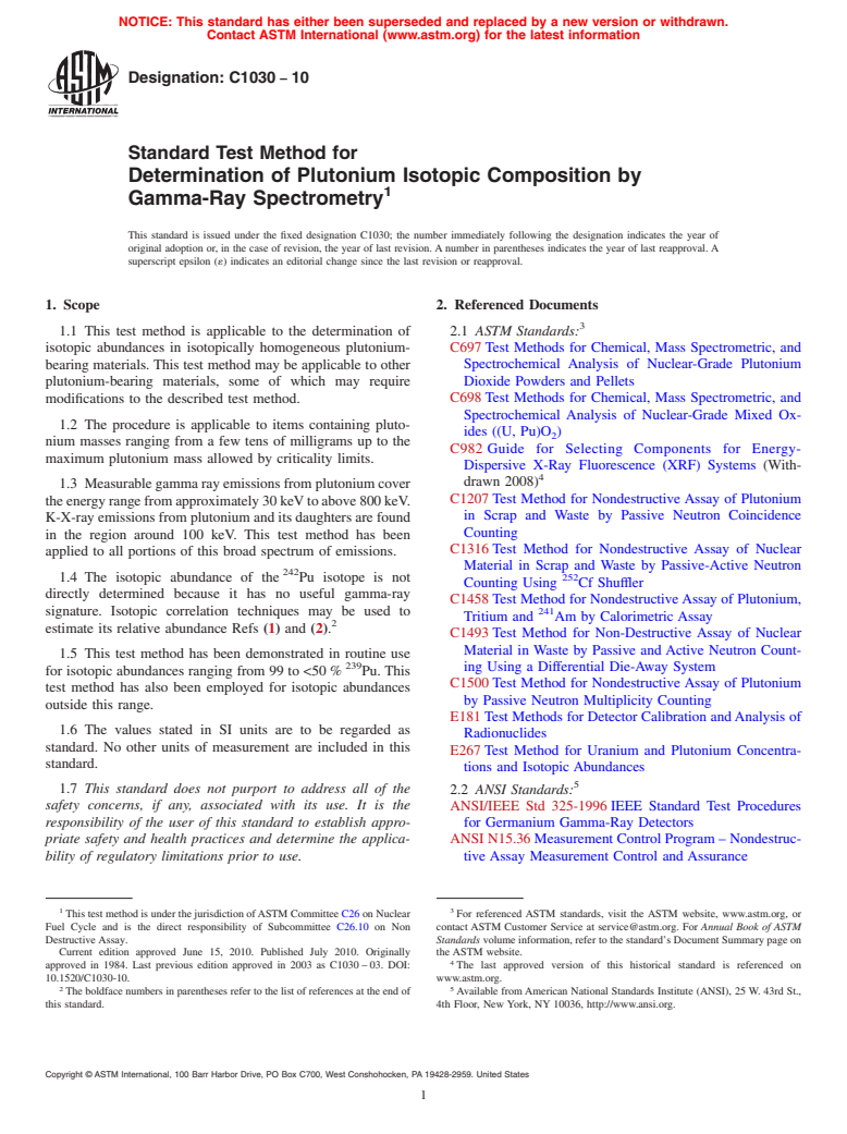 ASTM C1030-10 - Standard Test Method for Determination of Plutonium Isotopic Composition by Gamma-Ray Spectrometry