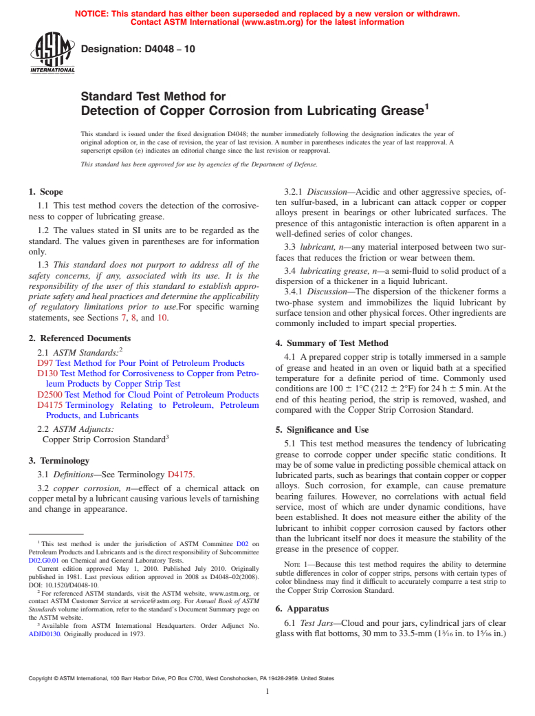 ASTM D4048-10 - Standard Test Method for Detection of Copper Corrosion from Lubricating Grease