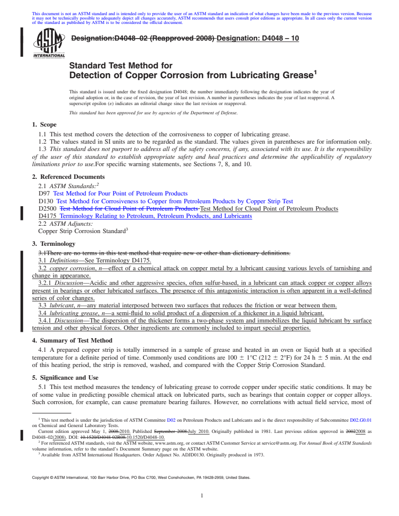 REDLINE ASTM D4048-10 - Standard Test Method for Detection of Copper Corrosion from Lubricating Grease