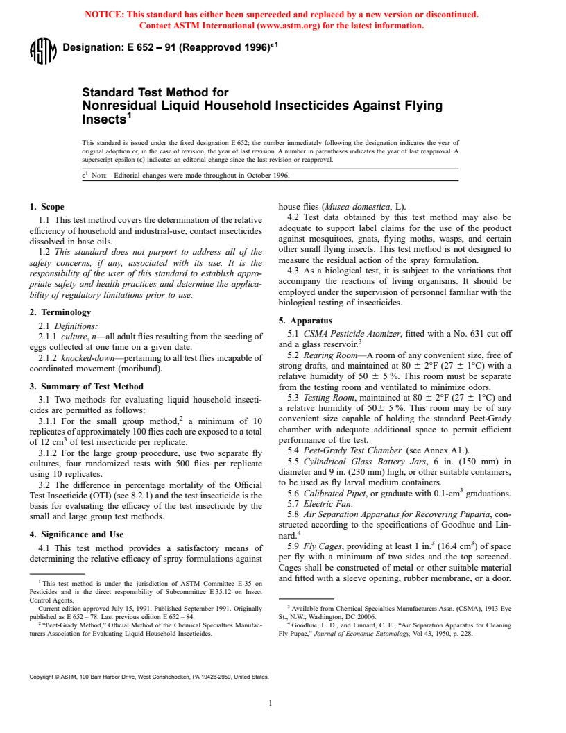 ASTM E652-91(1996)e1 - Standard Test Method for Nonresidual Liquid Household Insecticides Against Flying Insects