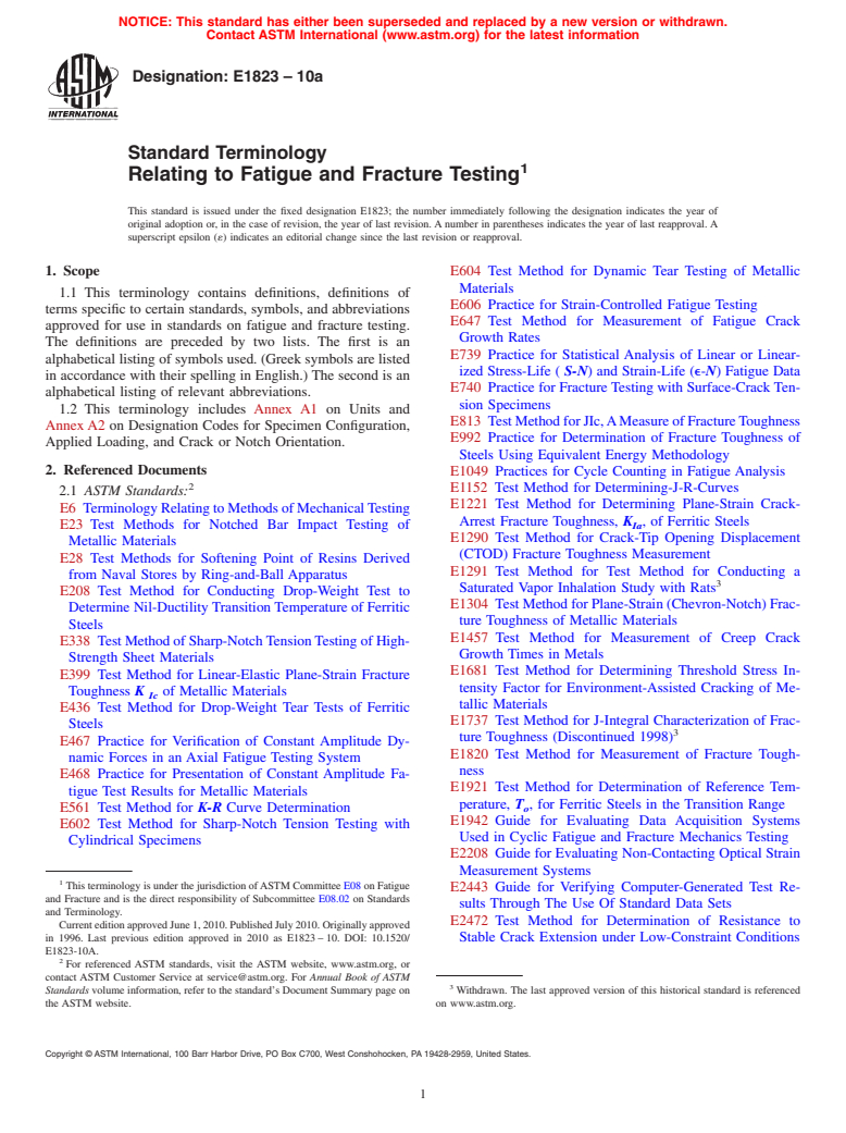 ASTM E1823-10a - Standard Terminology Relating to Fatigue and Fracture Testing