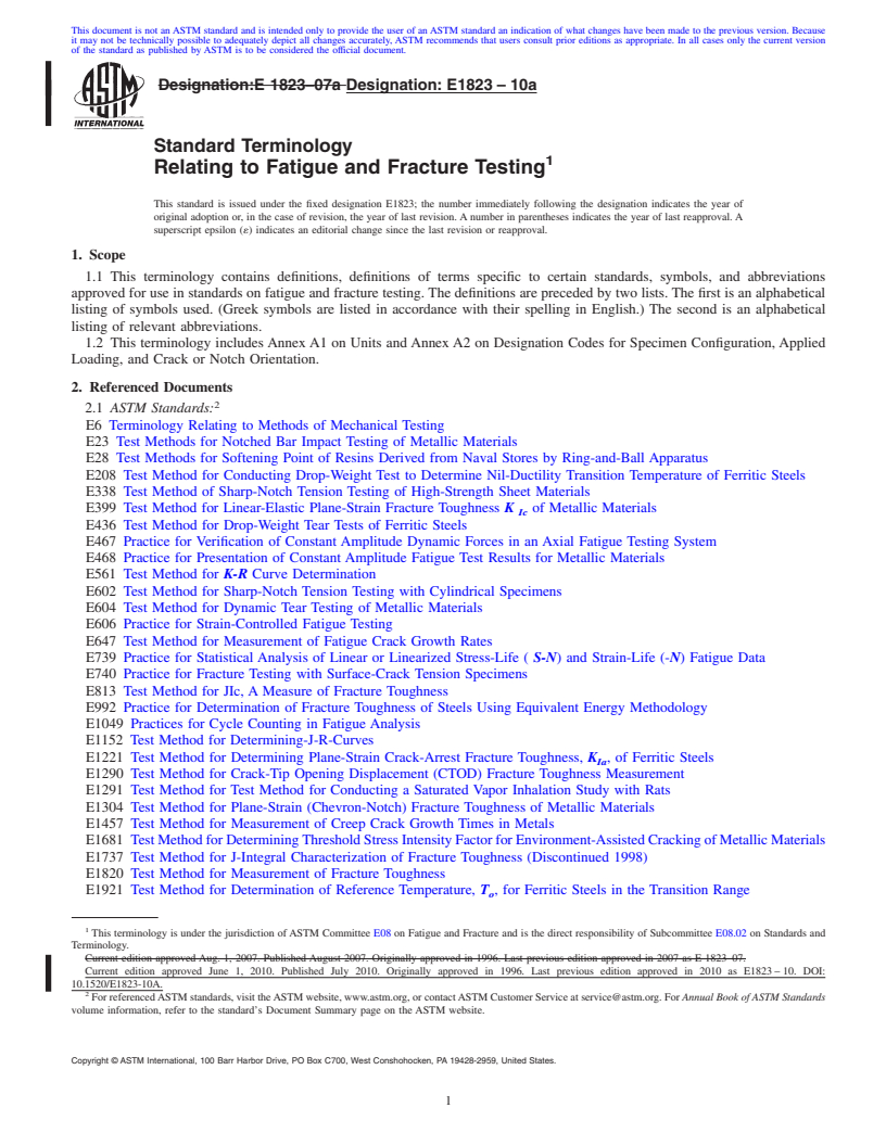 REDLINE ASTM E1823-10a - Standard Terminology Relating to Fatigue and Fracture Testing