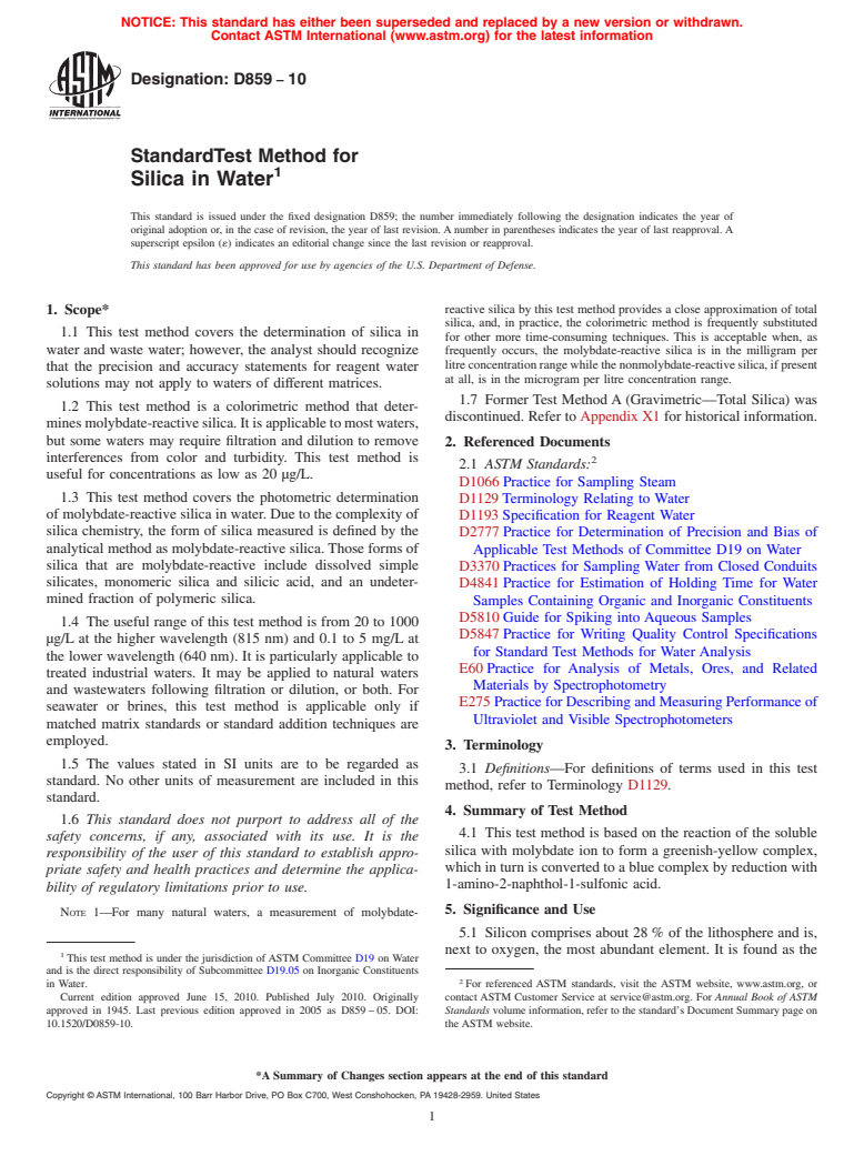 ASTM D859-10 - Standard Test Method for Silica in Water
