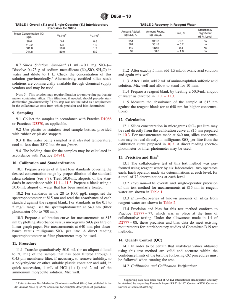 ASTM D859-10 - Standard Test Method for Silica in Water