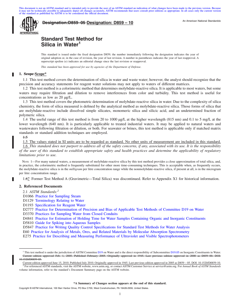 REDLINE ASTM D859-10 - Standard Test Method for Silica in Water
