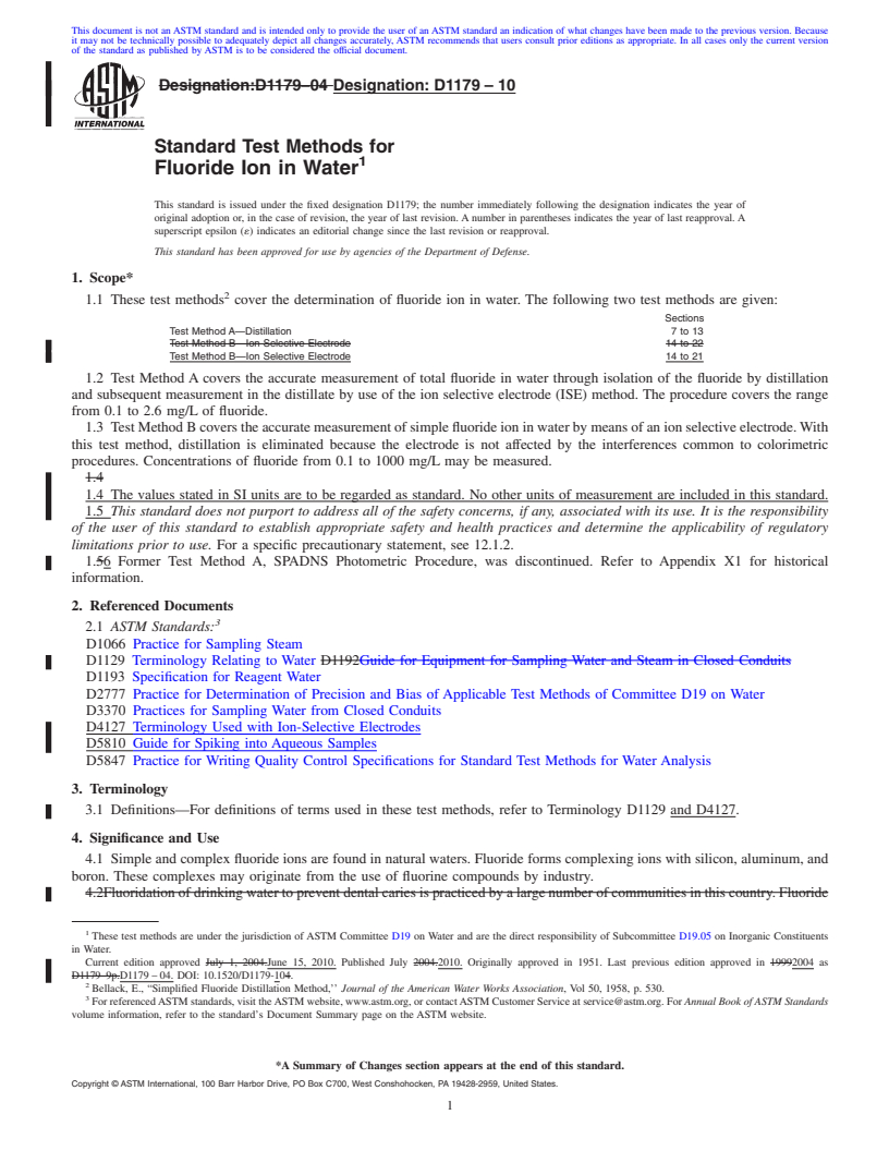 REDLINE ASTM D1179-10 - Standard Test Methods for Fluoride Ion in Water