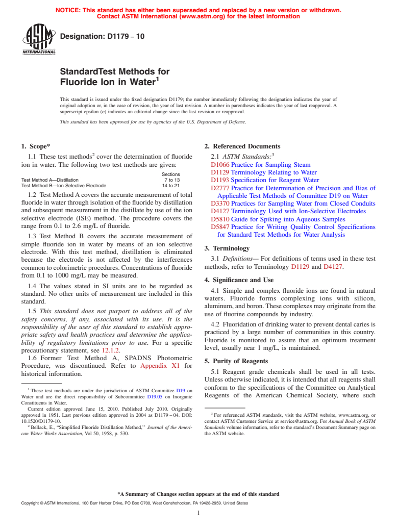 ASTM D1179-10 - Standard Test Methods for Fluoride Ion in Water