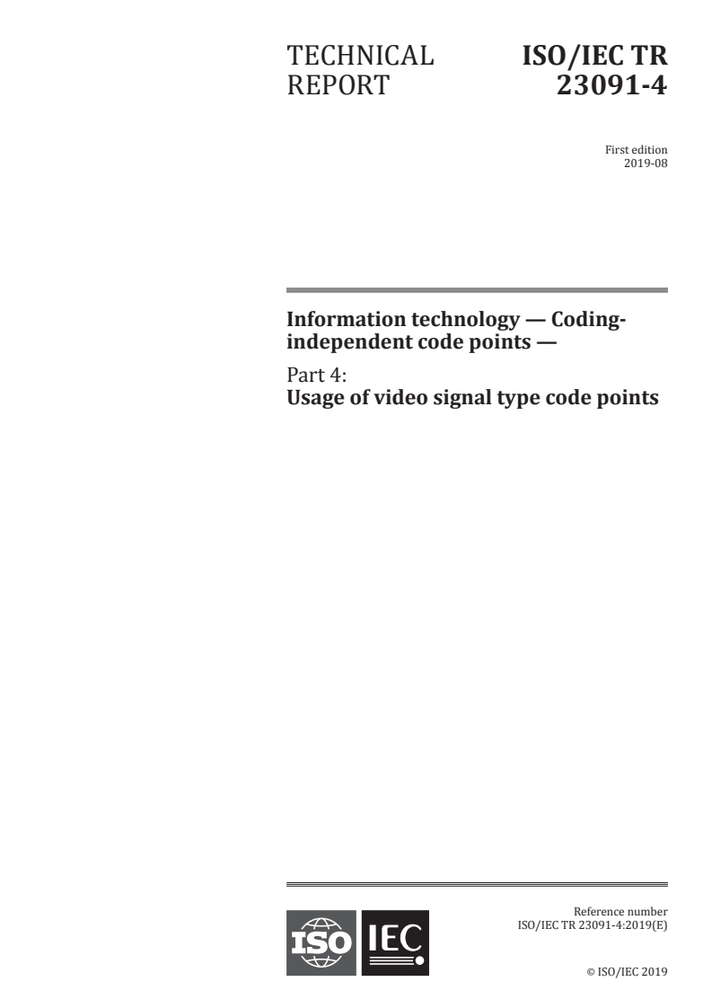 ISO/IEC TR 23091-4:2019 ISO/IEC TR 23091-4:2019 - Information technology — Coding-independent code points — Part 4: Usage of video signal type code points
Released:8/5/2019 - Page 1 preview
