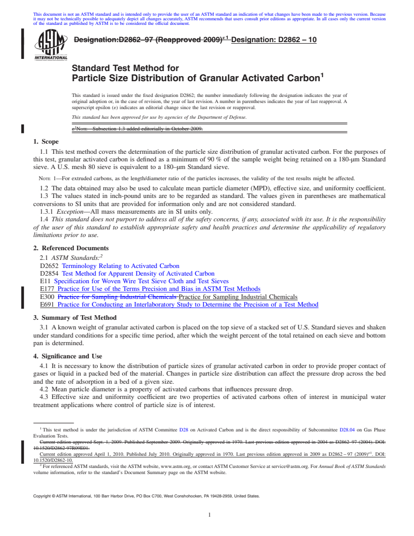 REDLINE ASTM D2862-10 - Standard Test Method for Particle Size Distribution of Granular Activated Carbon