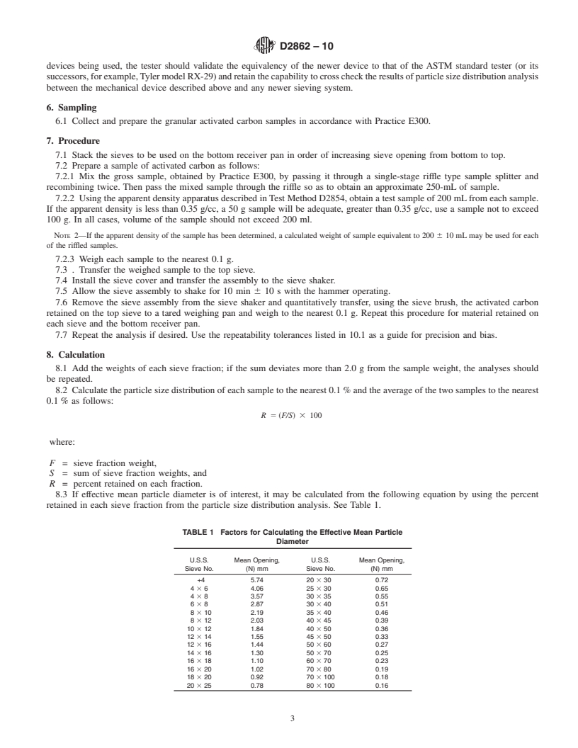 REDLINE ASTM D2862-10 - Standard Test Method for Particle Size Distribution of Granular Activated Carbon