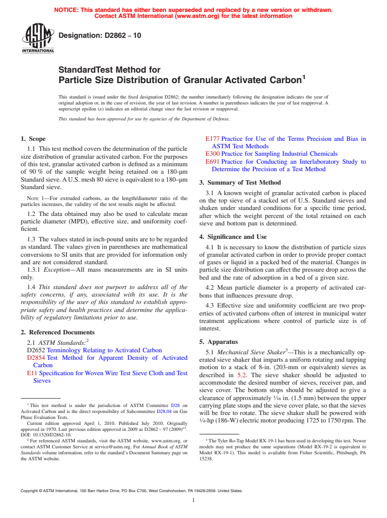 ASTM D2862-10 - Standard Test Method for Particle Size Distribution of Granular Activated Carbon