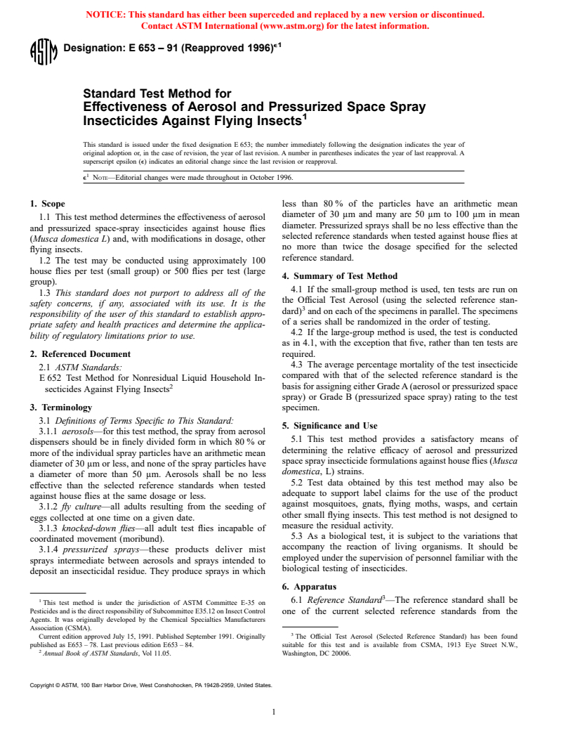 ASTM E653-91(1996)e1 - Standard Method for Testing Effectiveness of Aerosol and Pressurized Space Spray Insecticides Against Flying Insects