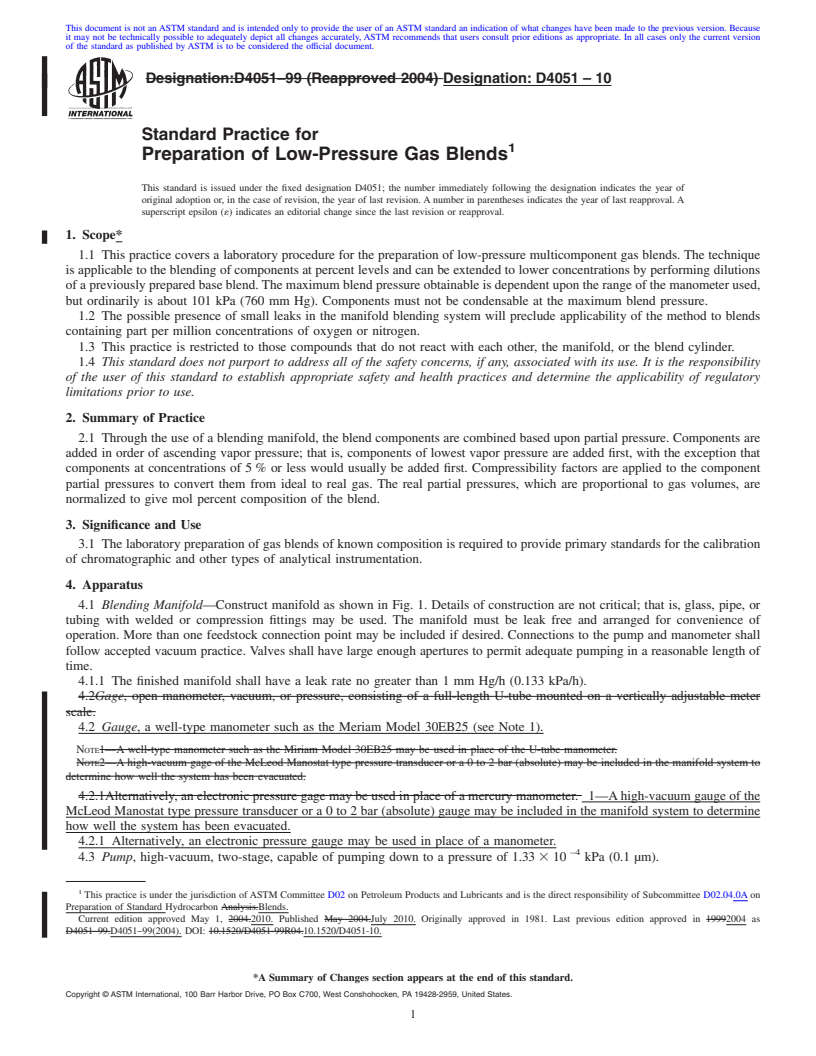 REDLINE ASTM D4051-10 - Standard Practice for Preparation of Low-Pressure Gas Blends