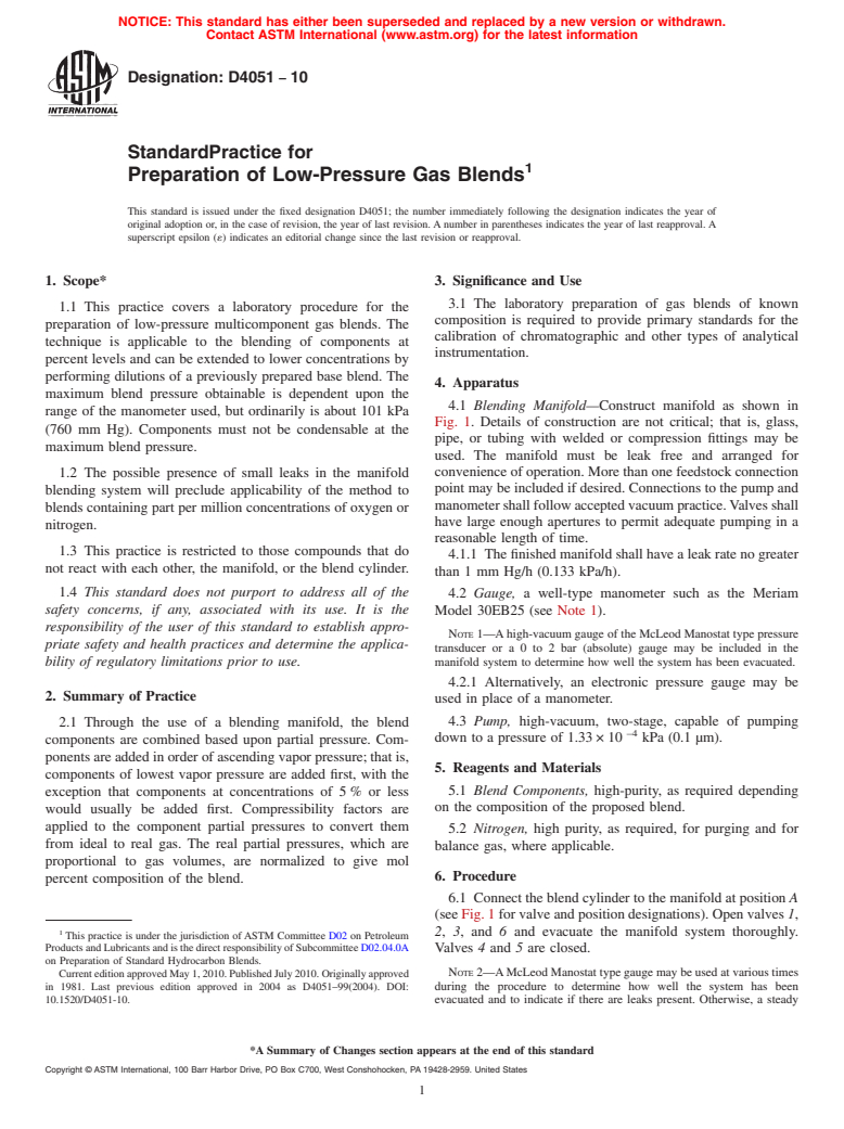 ASTM D4051-10 - Standard Practice for Preparation of Low-Pressure Gas Blends