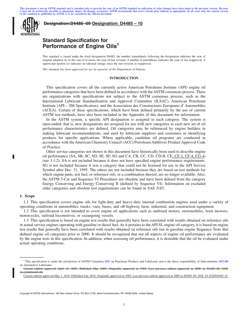 REDLINE ASTM D4485-10 - Standard Specification for Performance of Engine Oils