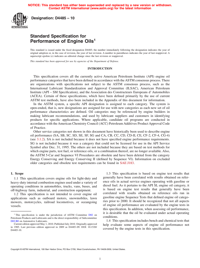 ASTM D4485-10 - Standard Specification for Performance of Engine Oils