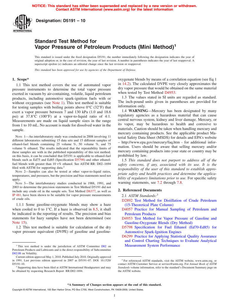 ASTM D5191-10 - Standard Test Method for Vapor Pressure of Petroleum Products (Mini Method)