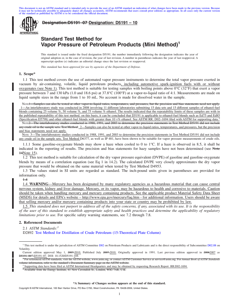 REDLINE ASTM D5191-10 - Standard Test Method for Vapor Pressure of Petroleum Products (Mini Method)